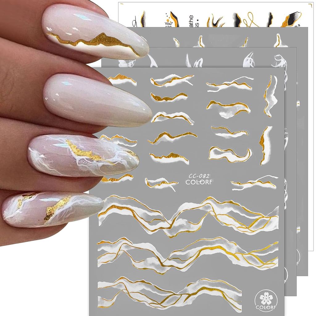 12 Folhas de Adesivos para Unhas, TOROKOM Adesivos Autoadesivos Brancos, Pretos e Dourados com Listras e Ondas de Mármor