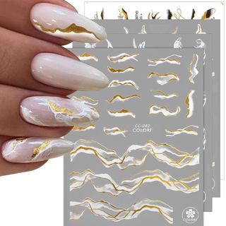 12 Folhas de Adesivos para Unhas, TOROKOM Adesivos Autoadesivos Brancos, Pretos e Dourados com Listras e Ondas de Mármor