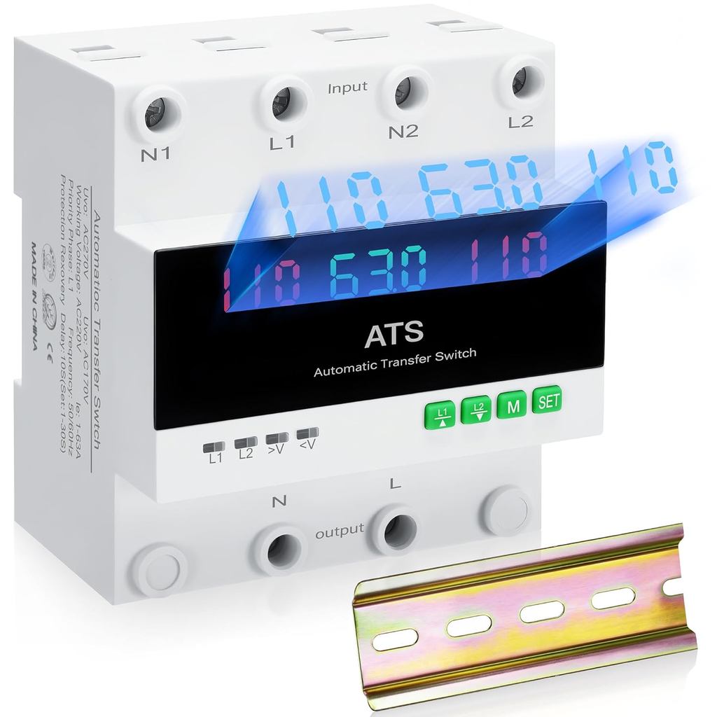 Chave de Transferência Automática/Manual AC110V de 63A com Display LED, 50/60Hz 2P 63A ATS, Chave de Comutação Automátic