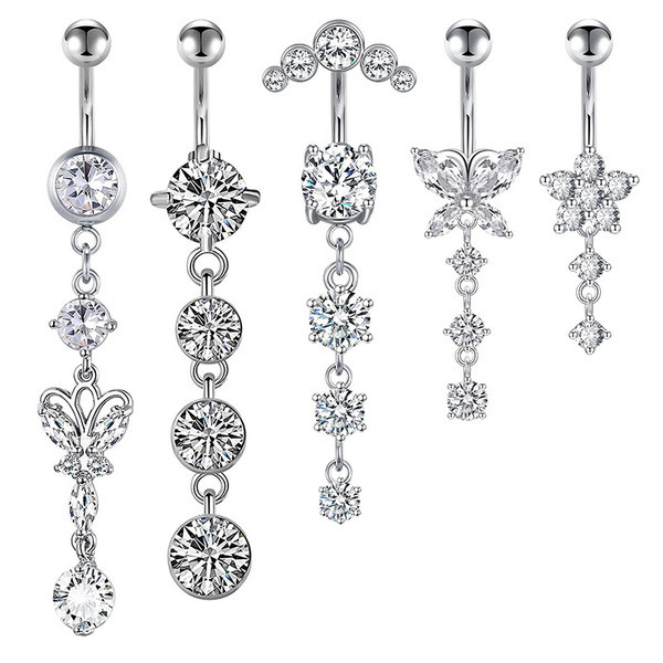 bijuterias femininas piercing umbigo ♀Joias de punção transfronteiriças, umbigo, prego, quatro diamantes, borboleta, aço