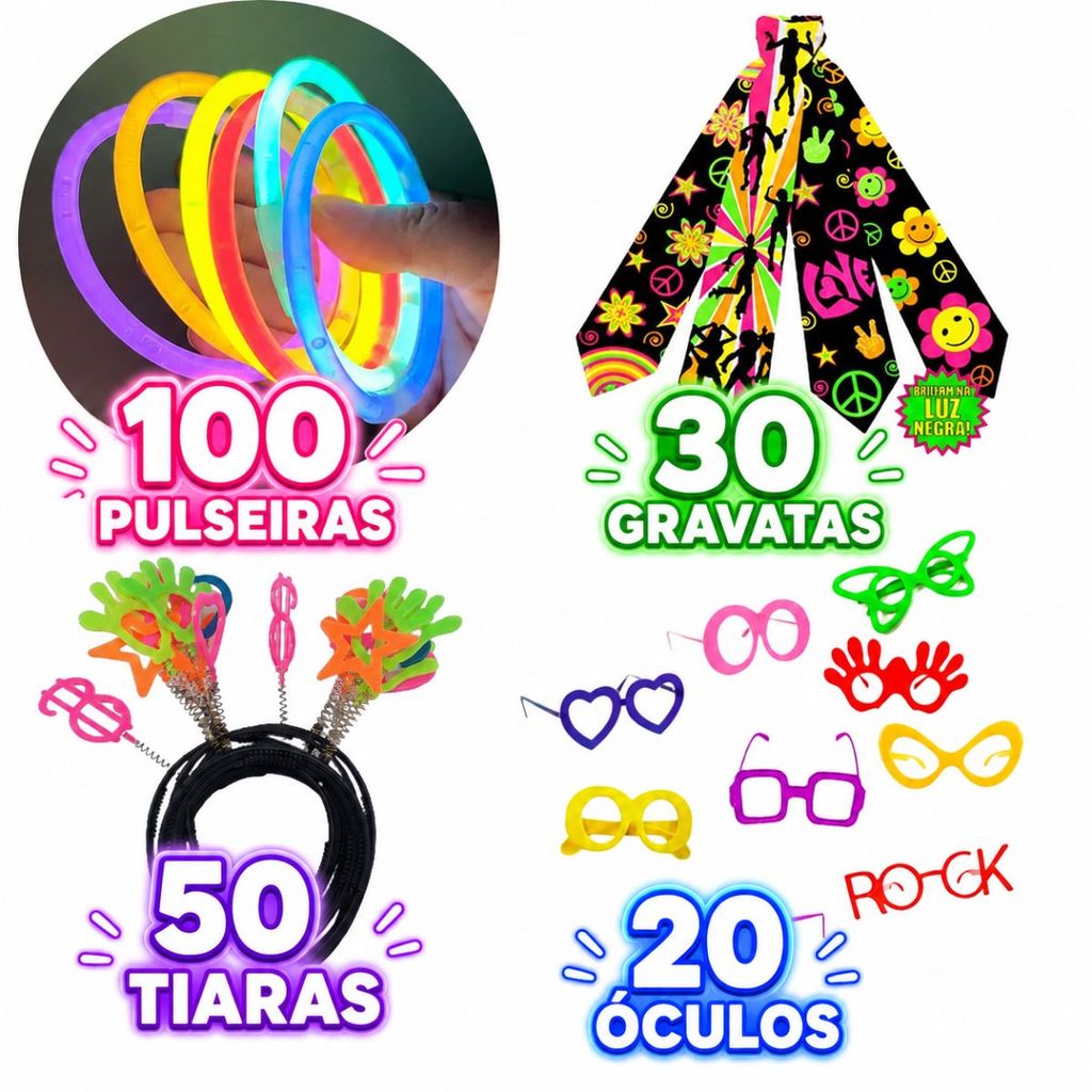 kit balada festa 200 pçs óculos, tiara pulseira neon  Gravaras Fluorescentes Acessórios Formaturas Aniversários Resenha