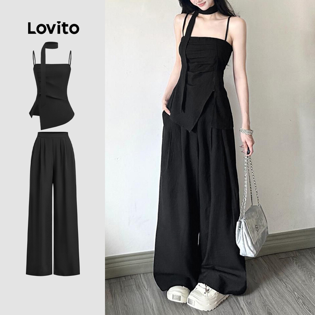 Lovito Casual Conjunto Feminino de Calças com Fita Primavera/verão Calças Pretas L142LD229