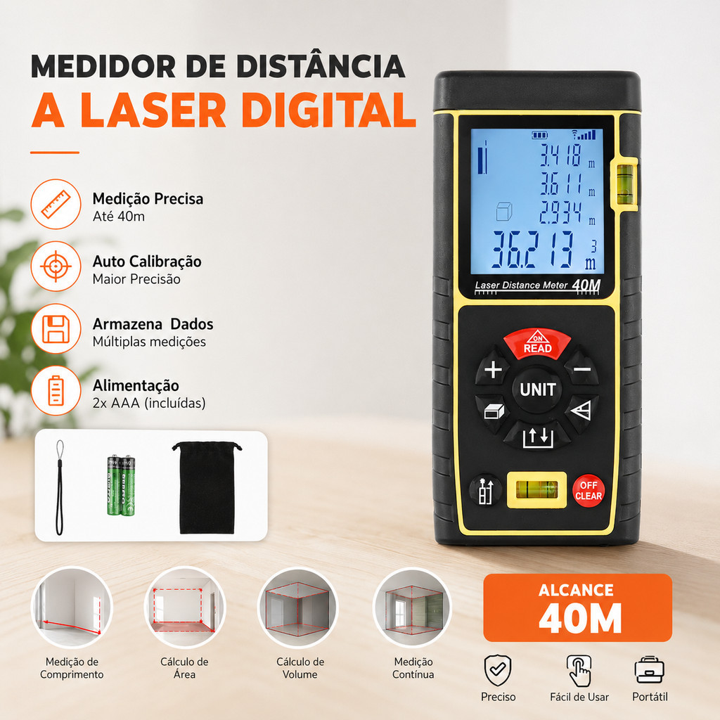 Medidor de Distância a Laser 40m Alta Precisão com Display LCD Trena Digital XIMING