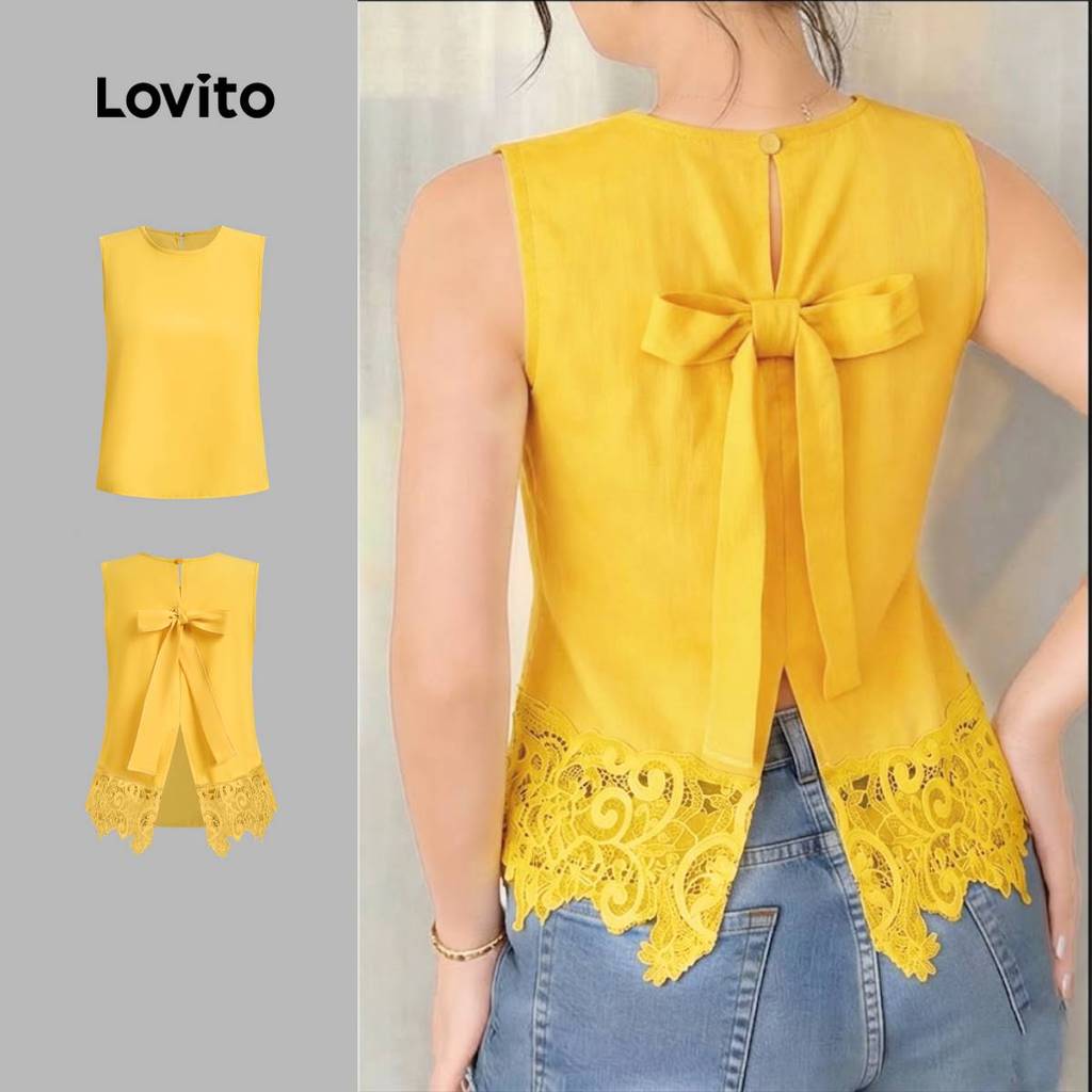Lovito Blusa Elegante Amarela com Laço e Pregas Nas Costas para Mulheres primave