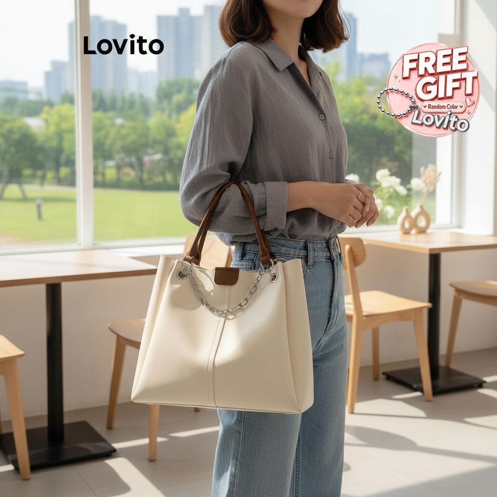 Lovito Casual Bolsa de Ombro Texturizada Feminina de Alta Capacidade para o Dia