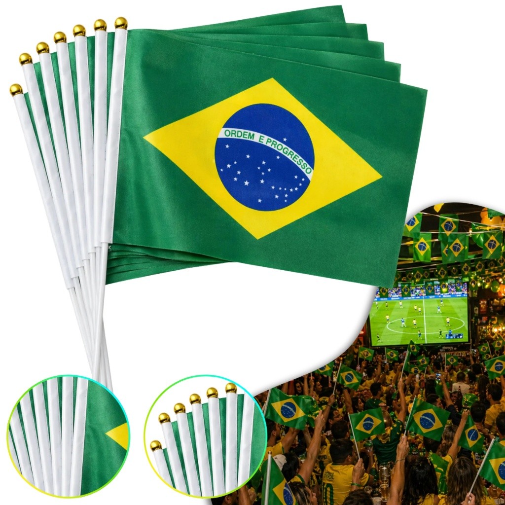 Kit C/ 12 Bandeirinhas De Mão Com Haste Brasil Copa Do Mundo