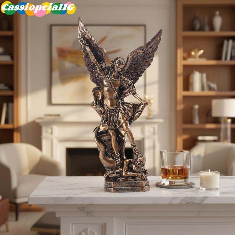(Cassiopeiahg) Estátua De San Miguel Arcanjo Retro Bronze Resina Estatueta De Anjo De São Decoração De Fé Religiosa Orna