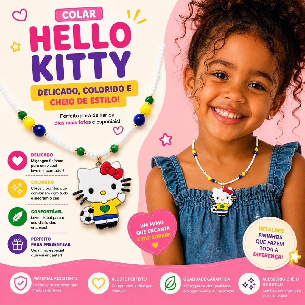 Colar de Miçanga Infantil Gatinha Brasil Pingente Copa Seleção Brasileira Kawaii