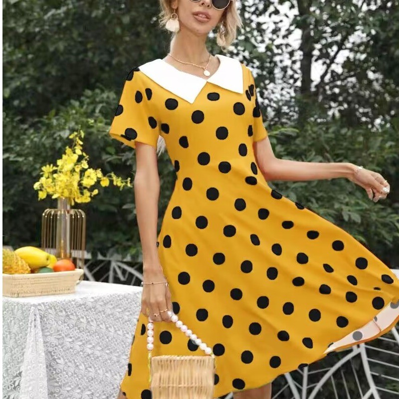 Francês Retro branco lapela bolinhas bolinhas impressão cintura estreita manga curta grande balanço vestido festa desemp