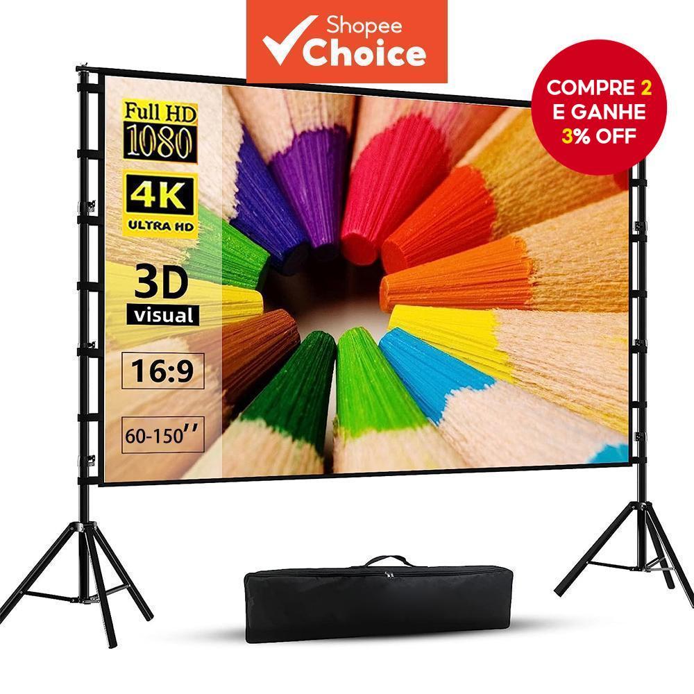 Tela de Projetor Premium com Suporte, Ângulo de Visão de 160°, Dupla Face, Branca, Sem Vincos, Para Home Theater e Uso