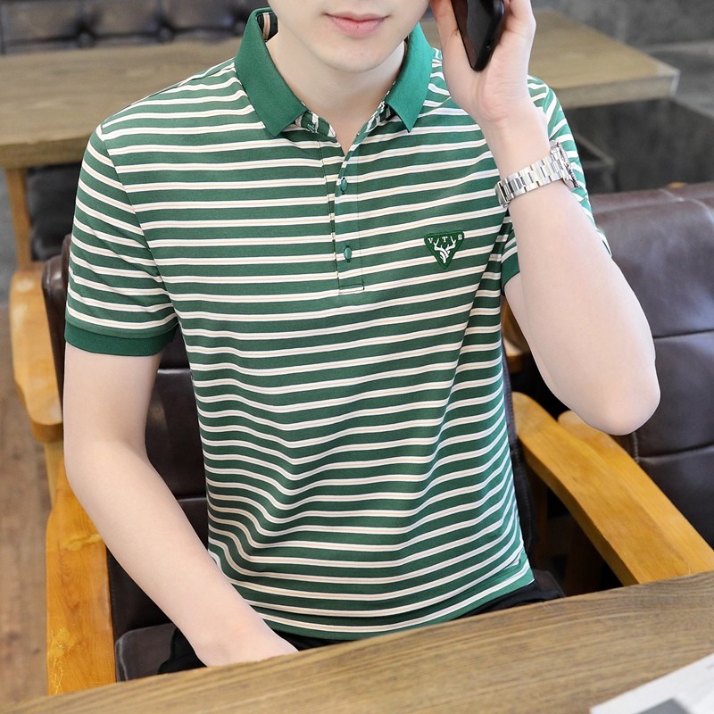 Camisa de verão gola de manga curta camiseta masculina Street Wear lapela camisa polo na moda listrado puro algodão cami
