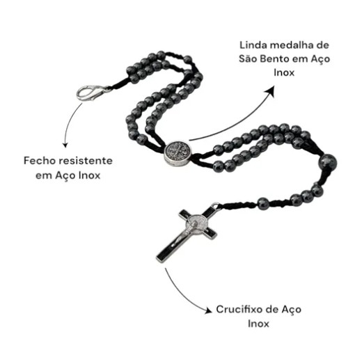 Kit 3 Terço De Pulso Pedra Hematita Medalha Inox São Bento.