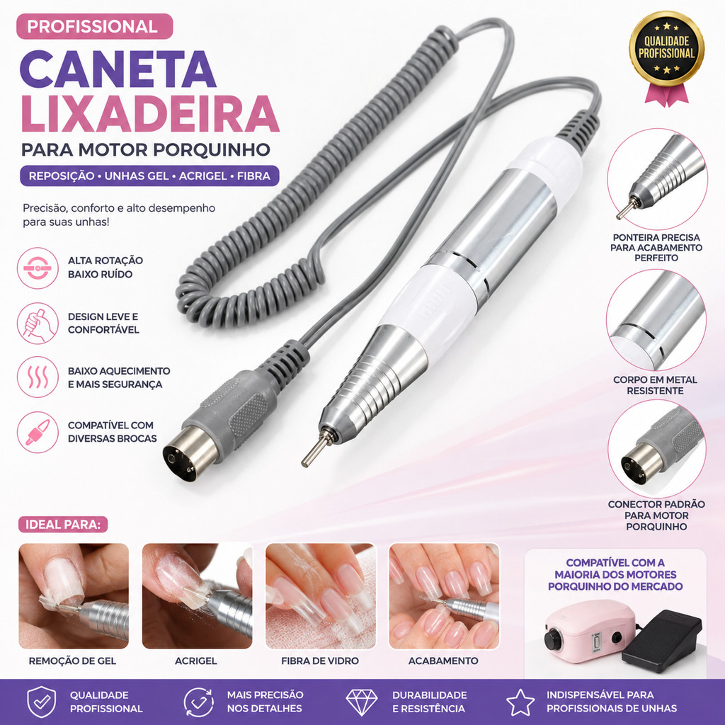 Caneta Lixadeira Elétrica para Motor Porquinho Profissional Reposição para Unhas Gel Acrigel Fibra