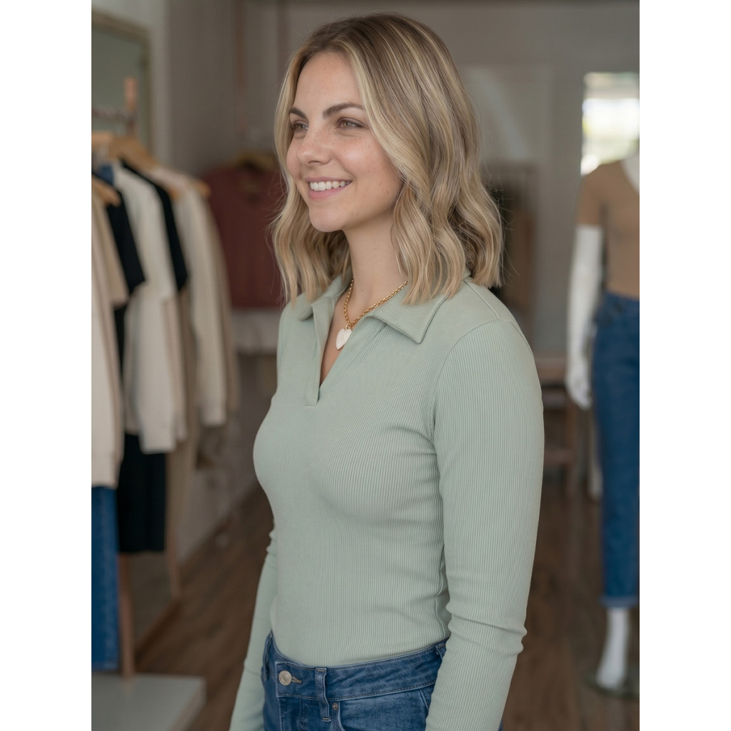 Camisa Gola Polo Feminina Manga Longa Frio Casual Elegante Inverno Canelada Premium Country Marrom