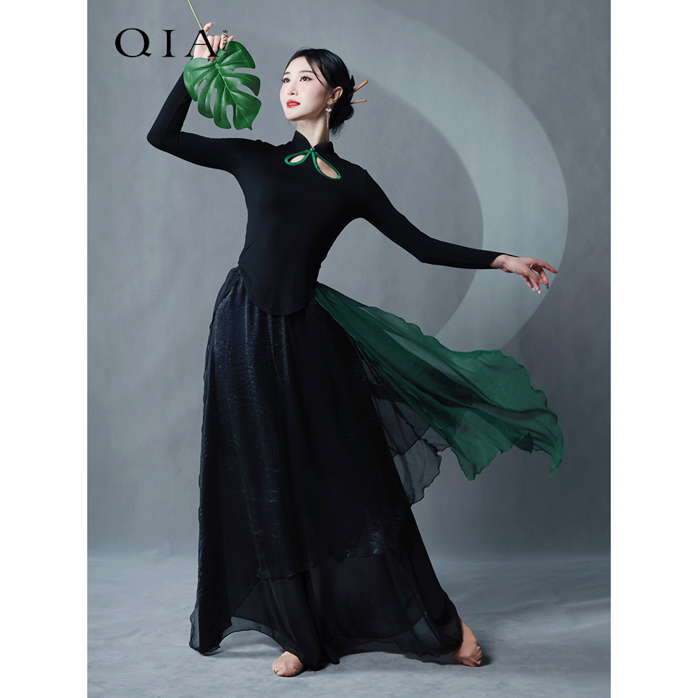 Kia roupas de prática de dança clássica feminino estilo chinês rima corporal preto Cheongsam Top calças de perna larga C