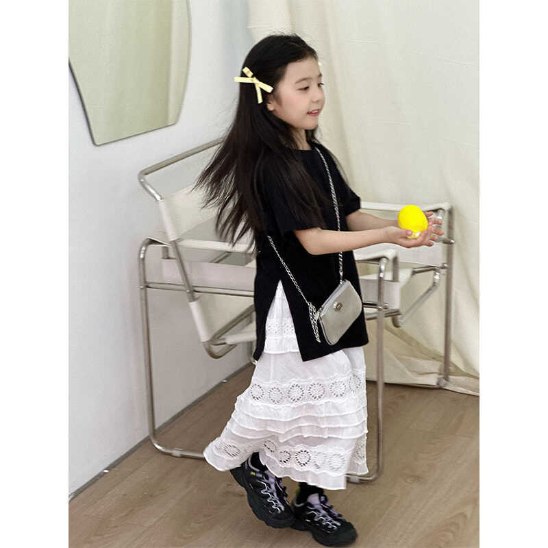 Crianças roupas meninas puro algodão manga curta camiseta 2024 verão novo estilo estilo coreano simples All-Match preto 