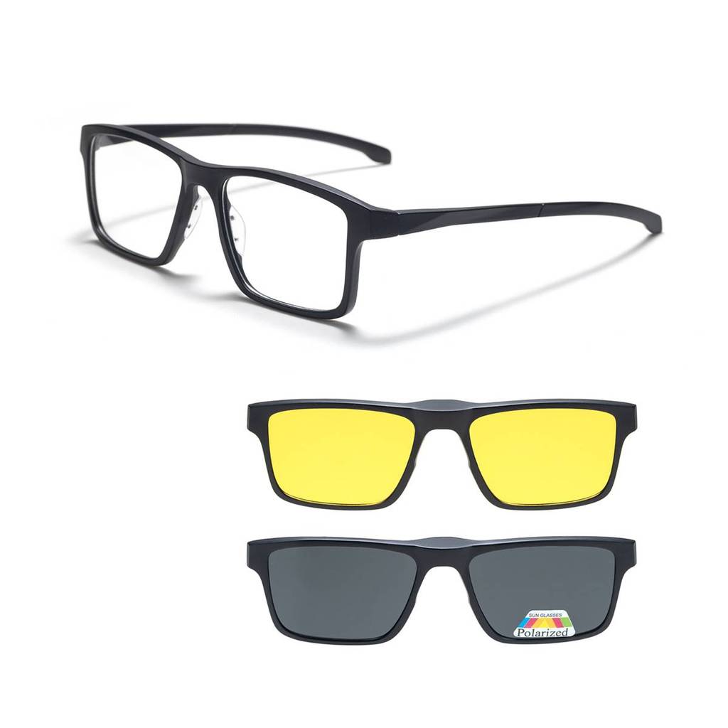 Armação de Oculos Grau e Sol Preto Polarizado Clip On 3 em 1 Masculino Troca Lente Amarelo Dirigir a Noite Mod 2258