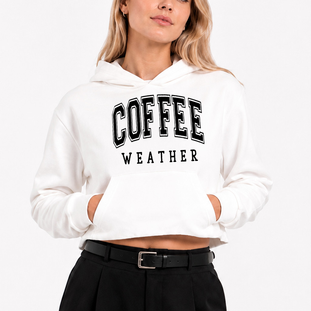Moletom Cropped Canguru Coffee Weather College Com Capuz e Bolso Blusa de Frio Feminino Flanelado