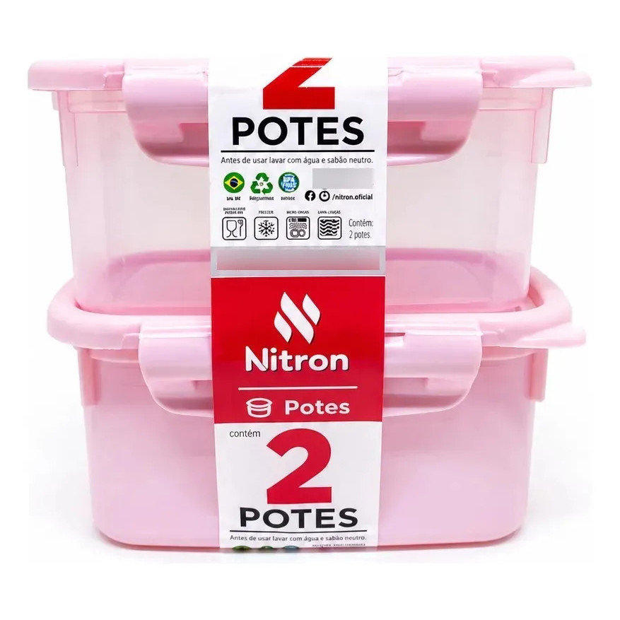 Potes Retangulares Herméticos 460ml Kit Com 2 Unidades Tampa e Travas Resistentes