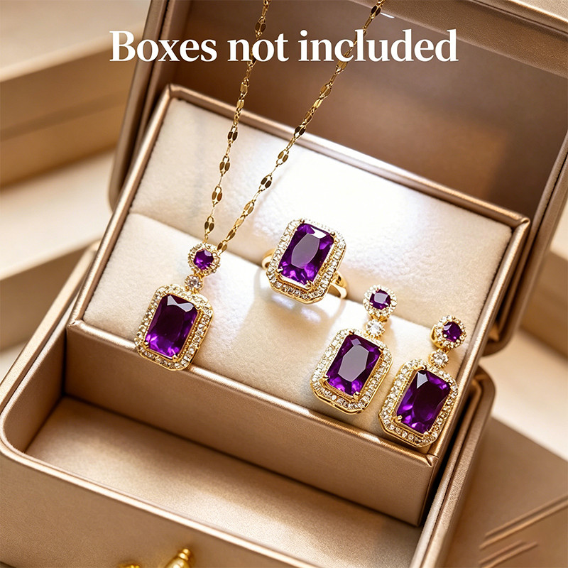Kit Joias Roxo Ametista Luxo + Brincos Colar Anel Ajustável Feminino