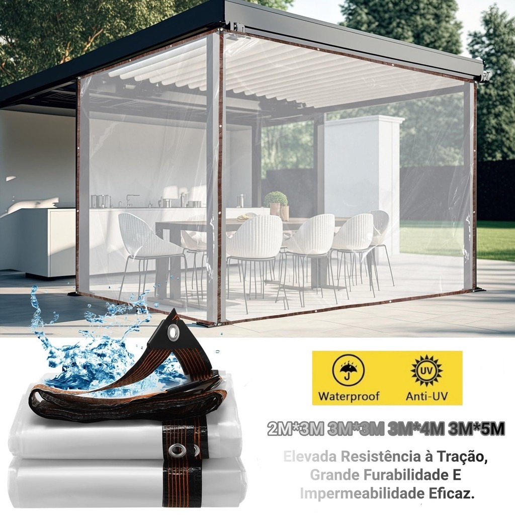 Lona Transparente Impermeável Durável Lona Impermeável Dupla Face Ilhós Diversos Tamanhos Sacada Portão Quintal