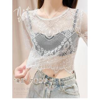 Camiseta de manga curta de renda feminina verão estilingue saia de fundo interno camisa solta blusa oca Top de malha pre