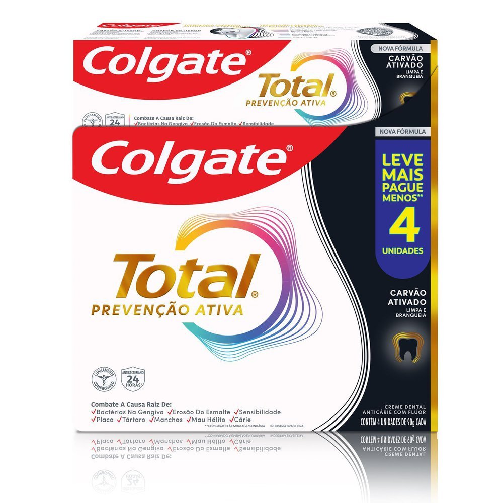 Creme Dental Colgate Total Prevenção Ativa Carvão Ativado com Flúor 4 Unidades de 90g cada