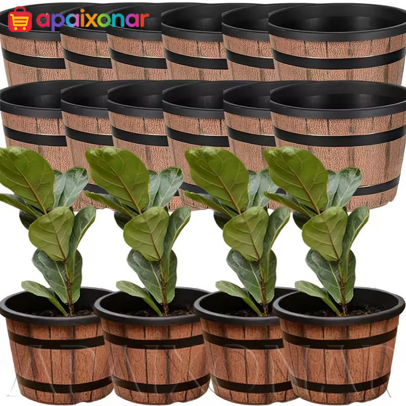 [Happt] Vaso De Flores De Imitação De Barril De Madeira De 3-1 Unidade-Decoração De Quintal De Jardim-Vasos Vintage-Engr