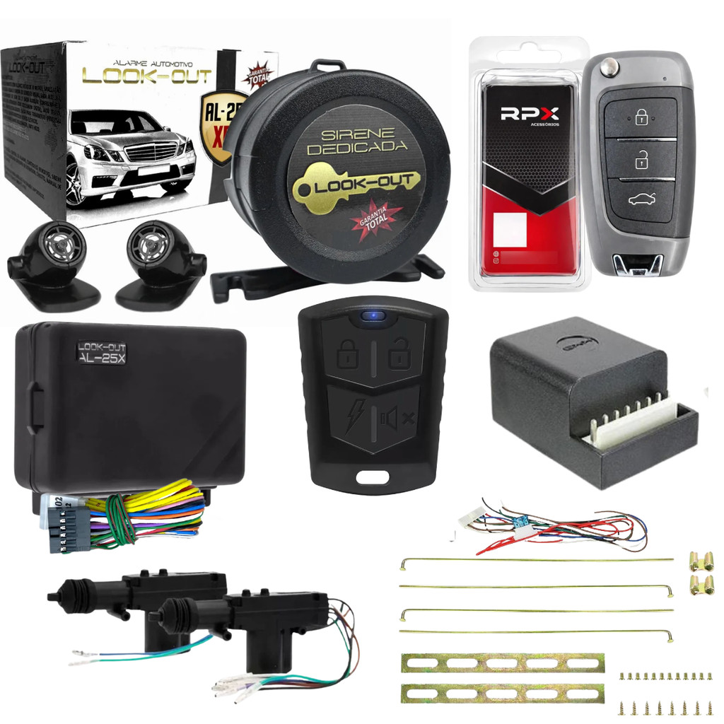 KIt Alarme Automotivo Look Out AL-25 XR Universal Com Trava 4 Portas Universal E  Chave Canivete Hyundai RPX-095