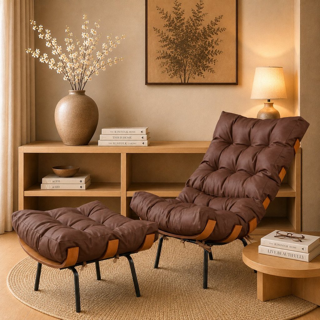 Poltrona para Sala de Estar com puff Costela Premium Marrom