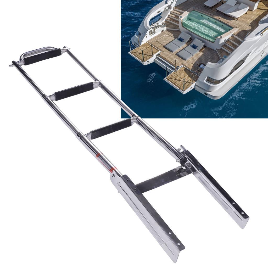 Escada de barco de 3 degraus em aço inoxidável sob a plataforma, montagem telescópica marinha para pontão