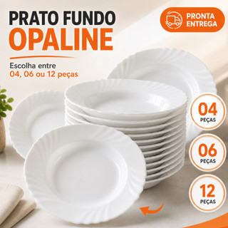 Kit jogo 04/06/12 Pratos Brancos Similar Petala Vidro Fundo Opaline Redondo Essencial Jantar Almoço