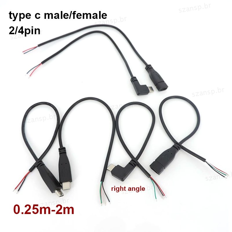 2/4 Núcleo Pino Fio USB 2.0 Tipo c Macho Fêmea Cotovelo-Cabo Conector Ângulo Reto Plug DIY Reparação De Carregamento De