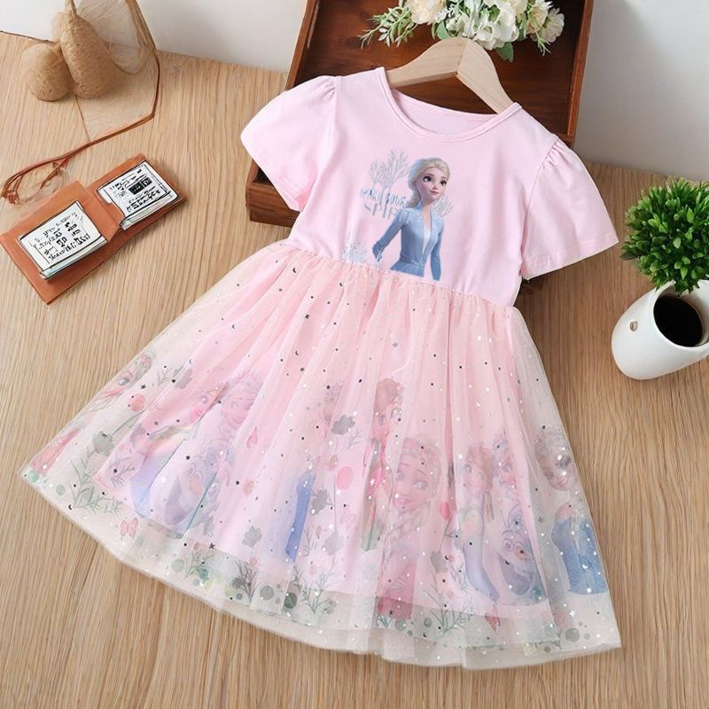 2025 verão meninas vestido de manga curta Elsa princesa roupas infantis Pettiskirt moda congelada