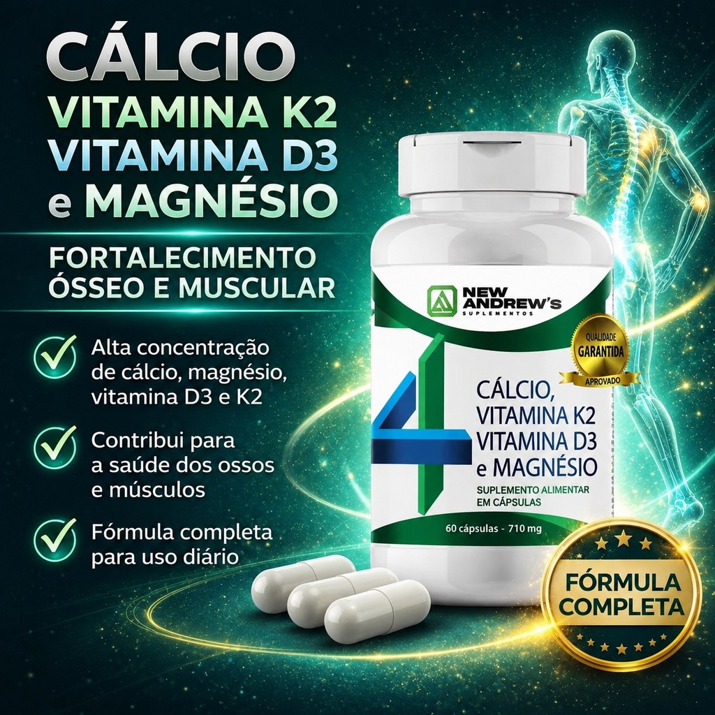 Magnésio + Cálcio + Vitamina D3 e K2 60 Cápsulas | Fortalecimento Ósseo Completo + Mais Disposição