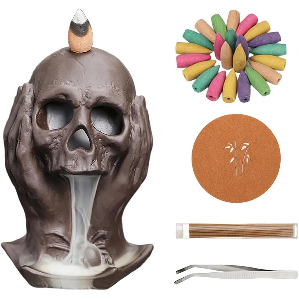 Comeon Suporte para Incenso com Decoração de Caveira, Queimador de Incenso de Refluxo em Cascata + Conjunto de Cones de 