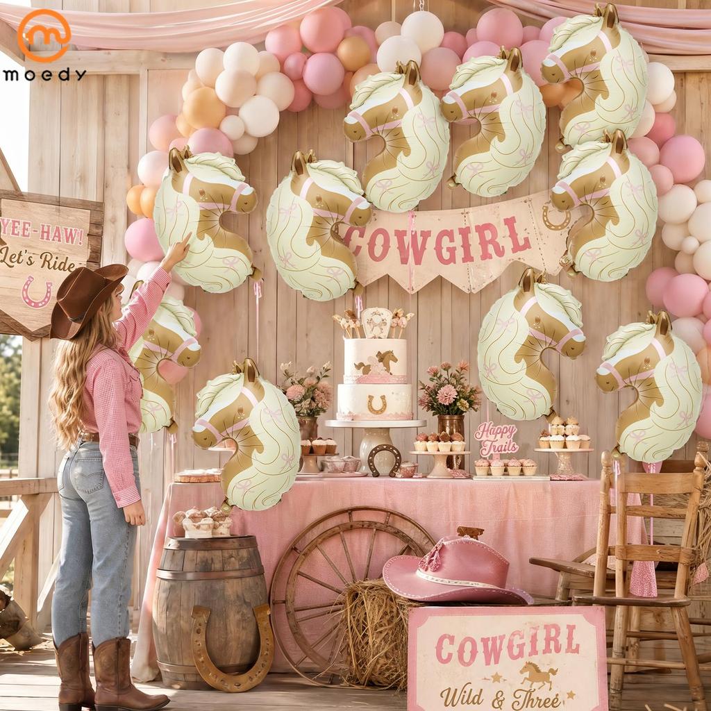 10 Pçs Arco Impressão Cabeça De Cavalo Balão Folha Cowgirl Para Tema Ocidental Primeiro Rodeo Chá De Bebê Festa De Anive