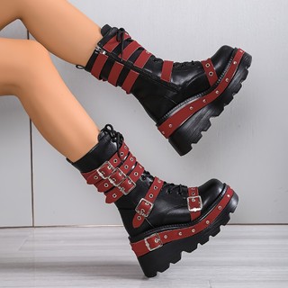Botas Femininas Góticas Punk de Plataforma com Correntes de Metal Ajustáveis, Fivela, Sola Grossa, Cano Médio, Forradas,