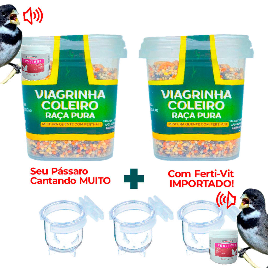 Kit 2 Viagrinha + 3 Porta vitaminas Ração Coleiro Tiziu Fert Vit importado Raça Pura 120g