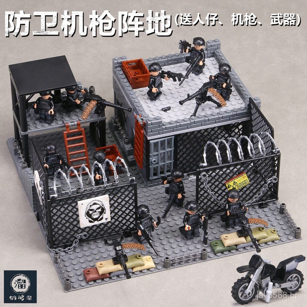 Conjunto de blocos de montar de posto militar popular com minifiguras de SWAT e forças especiais, torre de vigia, posto