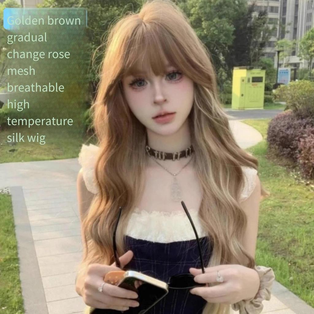 Ouro marrom destaque estilo rosa malha respirável estilo arnês completo gradiente longo cabelo encaracolado peruca de se