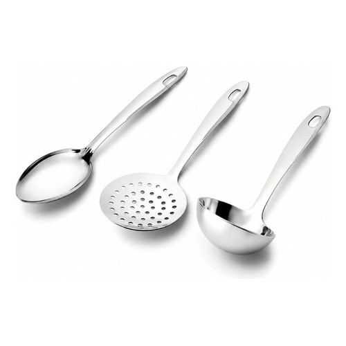 Concha Espumadeira Colher Arroz Aço Inox Kit 3 Peças Cozinha Servir Fritar Mexer