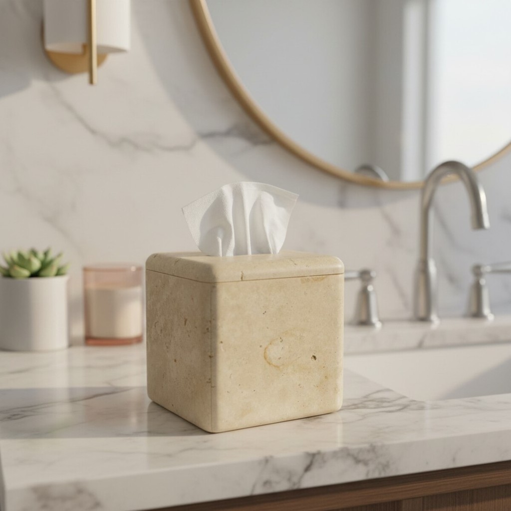 Caixa Porta Papel e Lenços Decorativo em Mármore Bege Travertino Para Lavabo