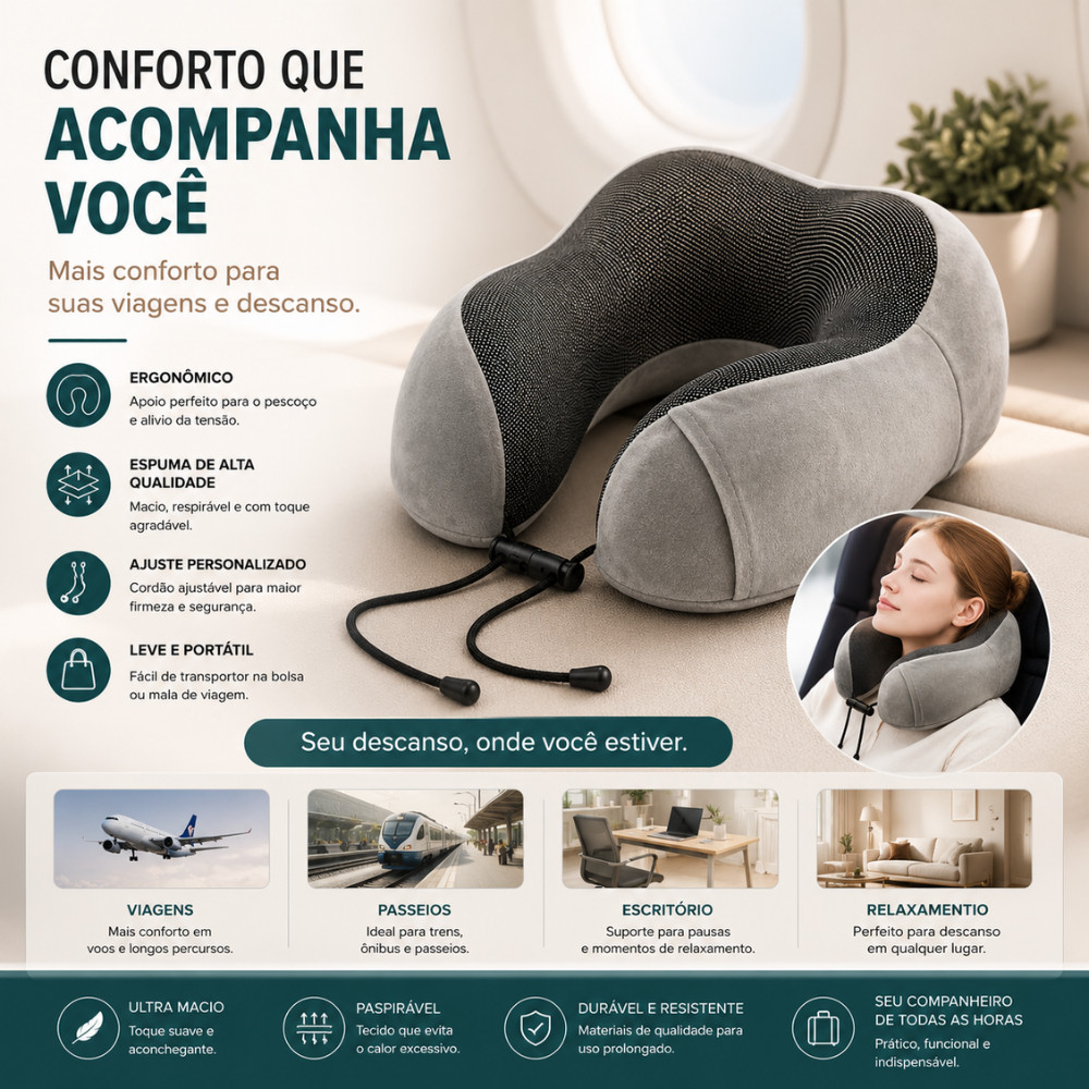 Almofada De Pescoço Ergonômica Travesseiro De Viagem Cervical Espuma Macia Ajustável Conforto