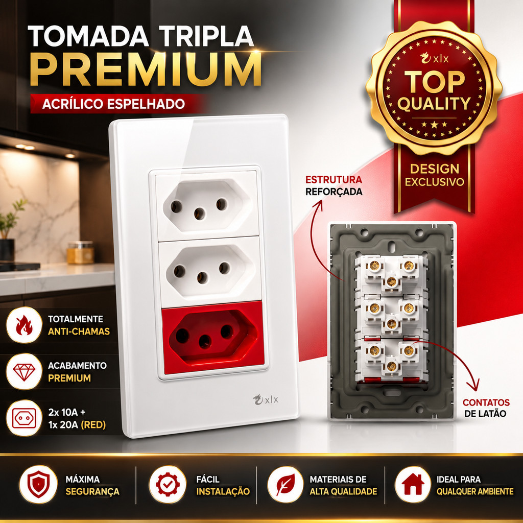 Tomada Modular Tripla 10A 20A 110V 220V Placa Preta Acrílico Espelhada Alumínio Moderna Innova XLX