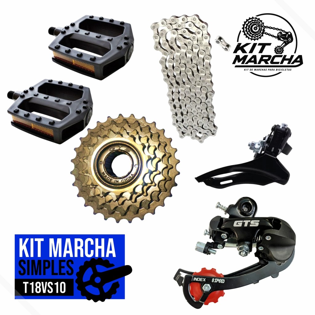Kit Transmissão 18v - Catraca Roda Lvre 6v + Corrente Marcha Fina Gts + Pedal + Cambios Gts