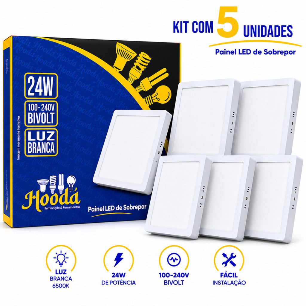 Kit 5 Painel Plafon Led 24w sobrepor Quadrado Hooda 6500k