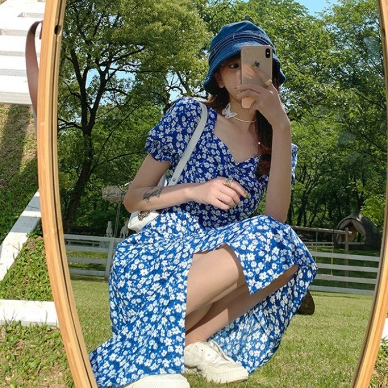Vestido Longo Dividido floral Estilo Francês E Europeu De Verão , platycodon Emagrecedor Irmã