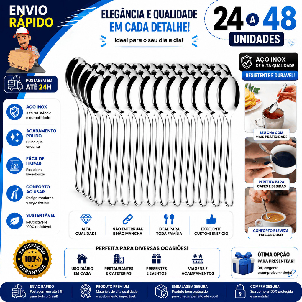 Kit 48 Colheres de Chá Inox 13cm Aço 100% Inox Resistente Ideal para Café Chá e Chocolate Quente