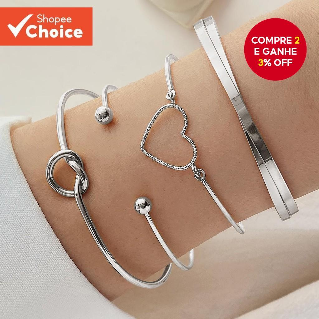 Conjunto De Pulseira De Coração Com Nó De Metal Elegante-Joias De Casal Cruz Geométrica De 4 Peças